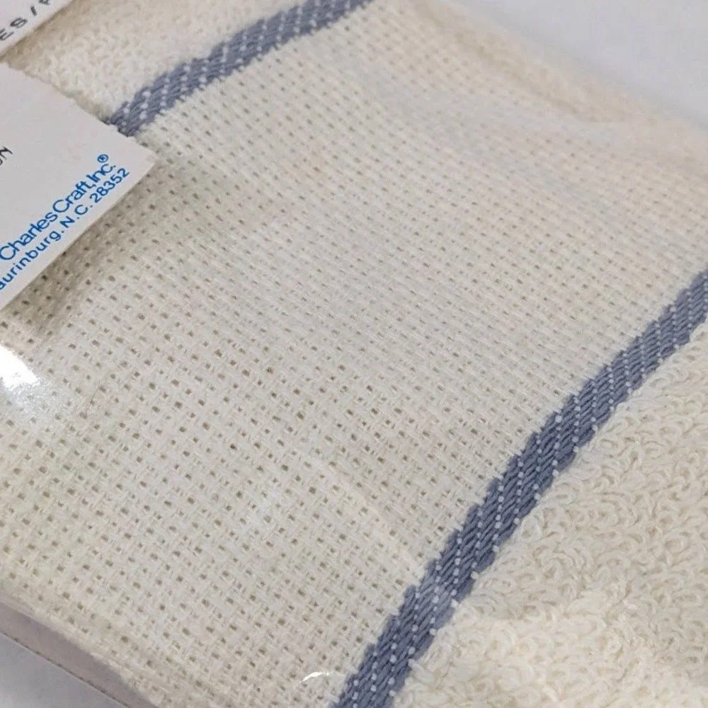 Vtg Charles Craft Cross Stitch Fingertip Towels Ecru Blue Borderlines 2pc USA